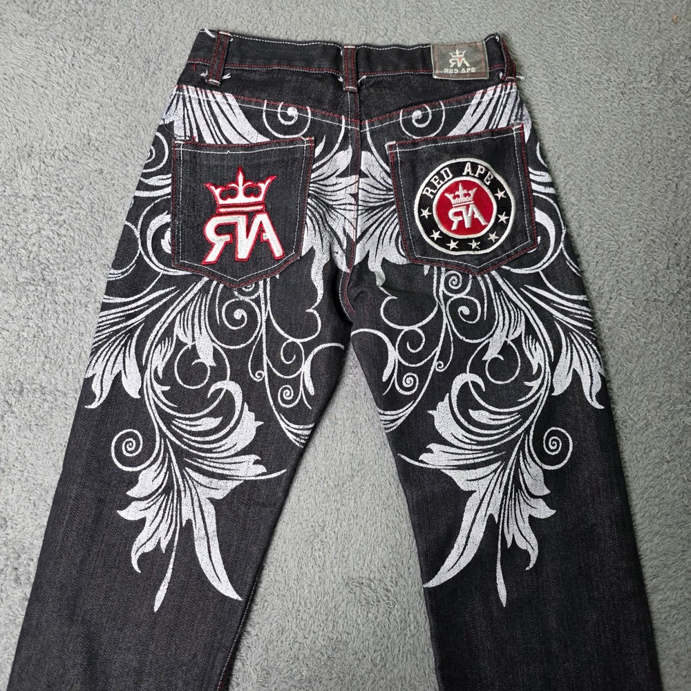 Red Ape Boys 8 Black Denim Jeans Embroidered Scroll Y2K Streetwear Crown